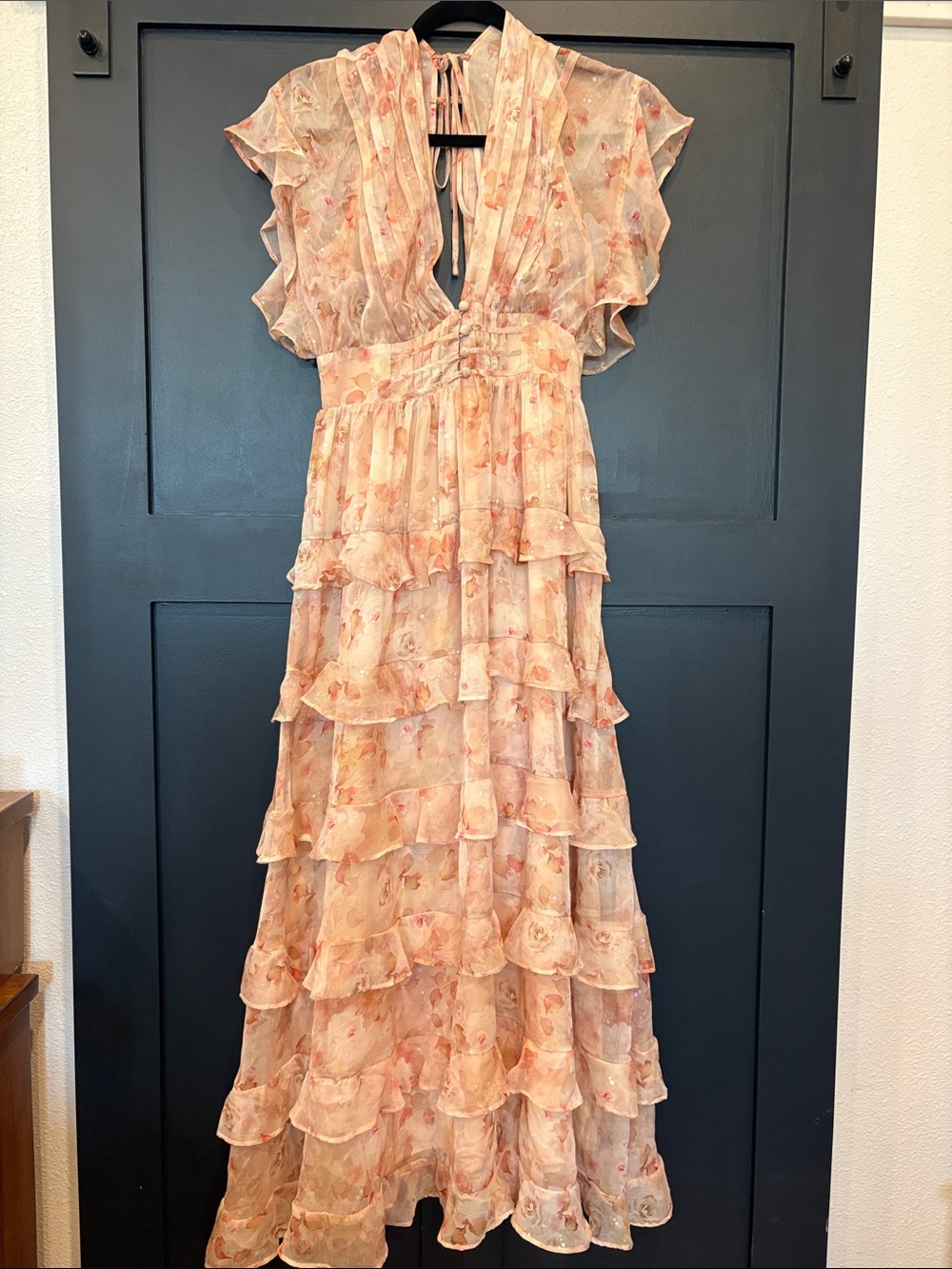 699. Storia  Peach-Pink Floral Ruffle Tiered Maxi Dress